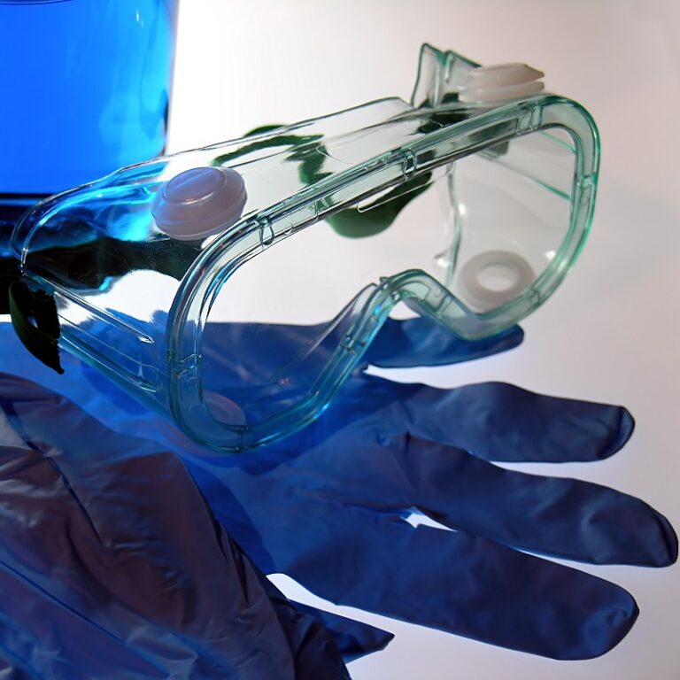 Chemical safety protective clothing, latex gloves and splash protection goggles