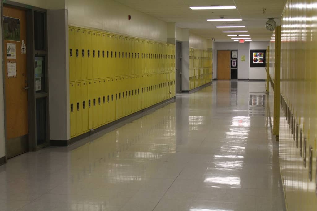 Clean school corridor floor and lockers
