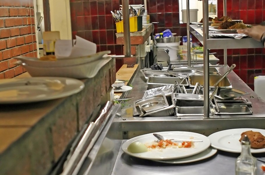 Dirty dishes in commercial kitchen